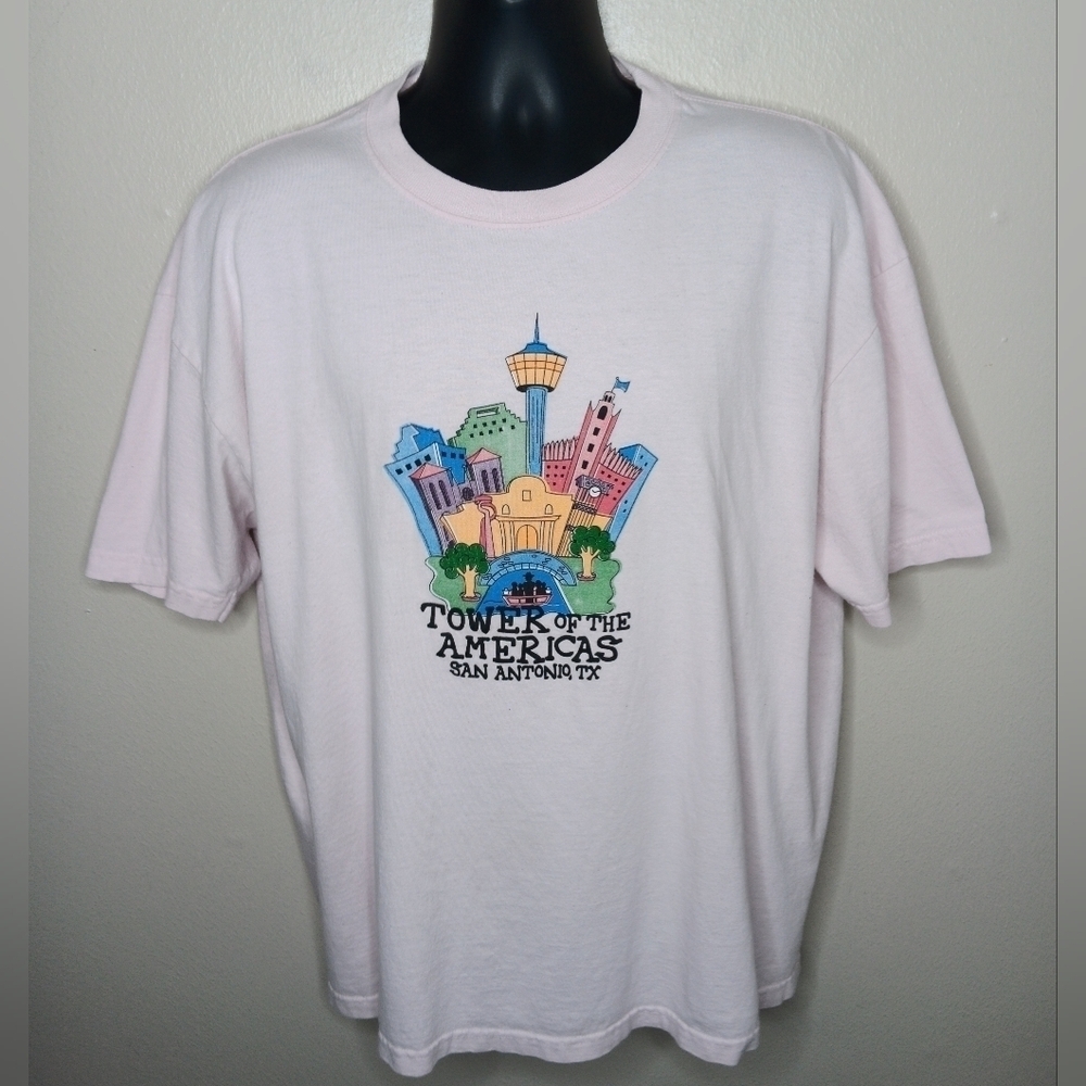 VTG 90s Towers Of The Americas San Antonio Adult XL T-shirt Vacation Tee Pink